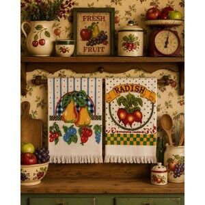 Vintage Fruit & Radish Print Kitchen Towels Lot of 2 Cottage Farmhouse Decor
